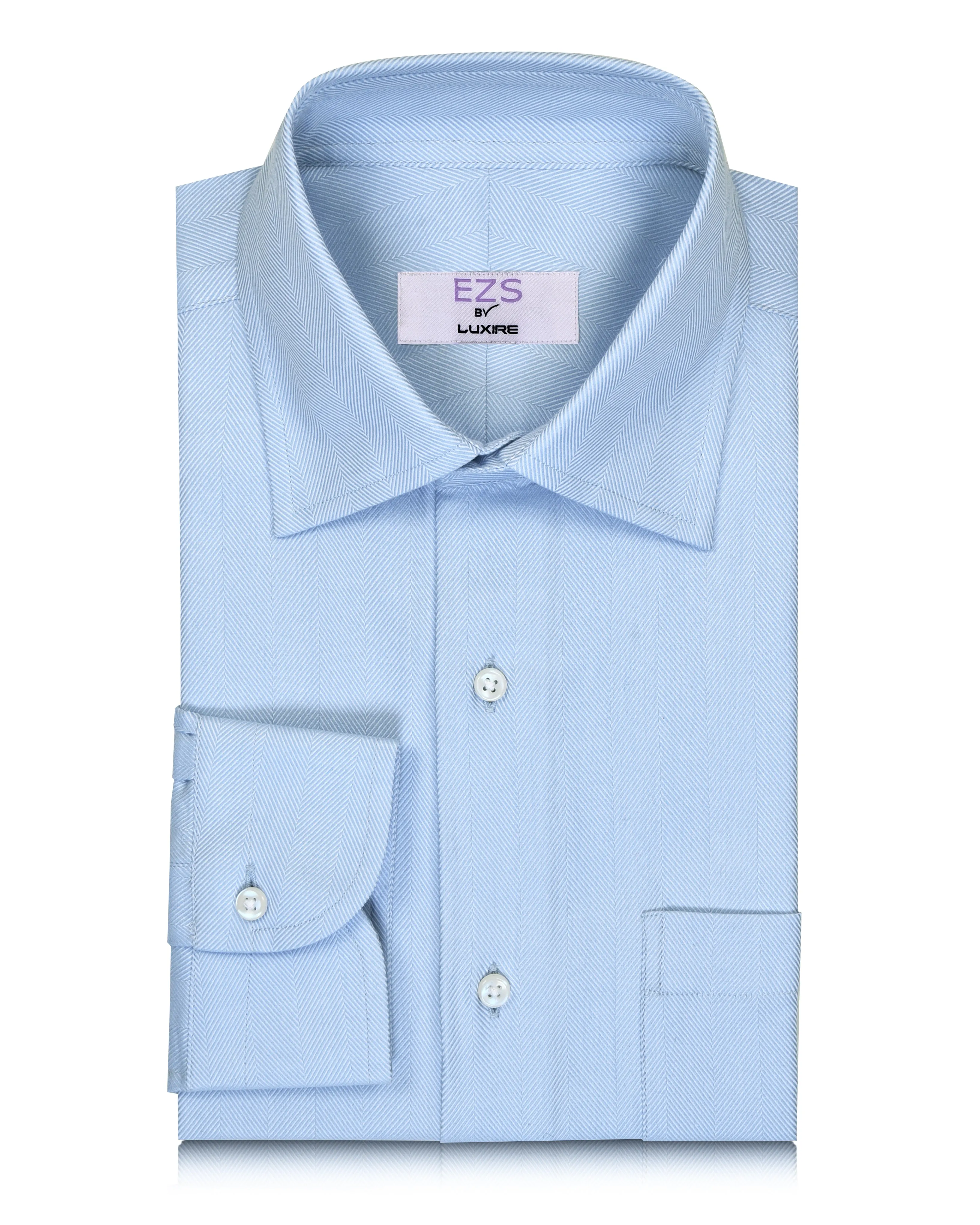 EZS Zegna Pale Blue Dress Herringbone Shirt Twill Weave