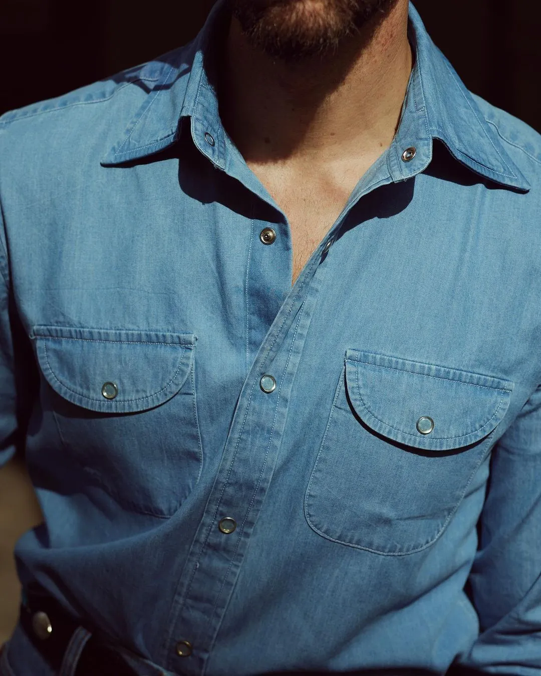 Performance Fabric Fade Washed Indigo Denim Chambray Shirt