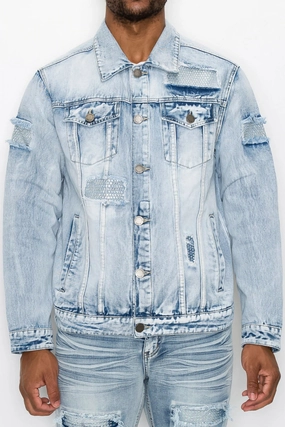 Faded Diamond Denim Jacket Poly Blend Layered Ventilation Panels
