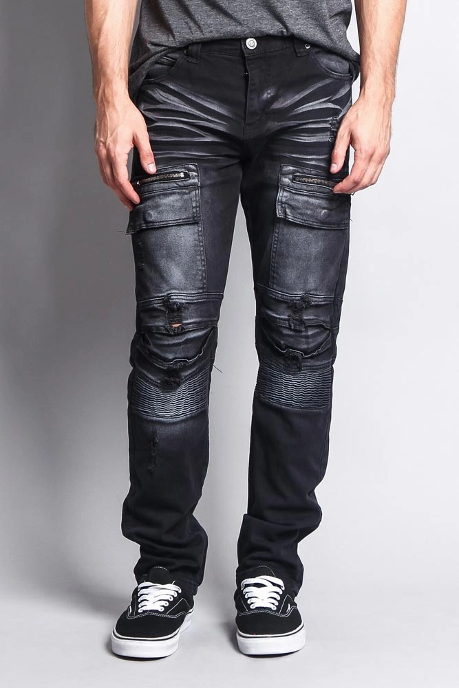 Lightweight Weave Frayed hem Faded Zipper Cut Cargo Pocket Biker Jeans
