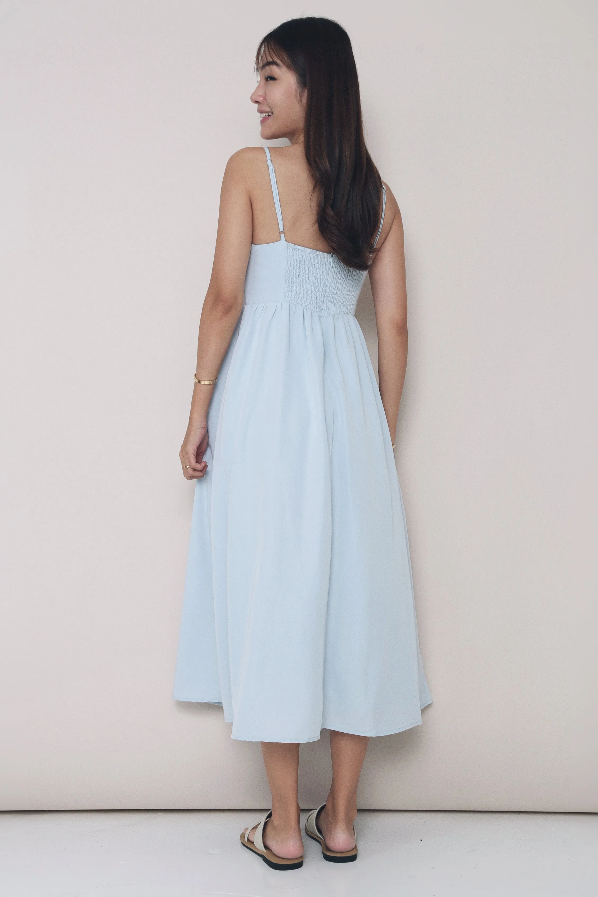 CNY Glennis Ruche Strappy Midi Dress Powder Blue Satin Finish