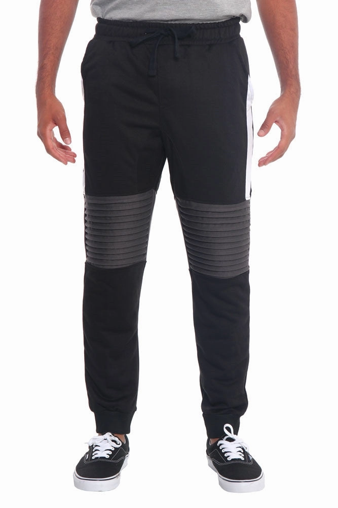 Color Block Biker French Terry Jogger Pants Rugged Wear AdjustableDrawstring