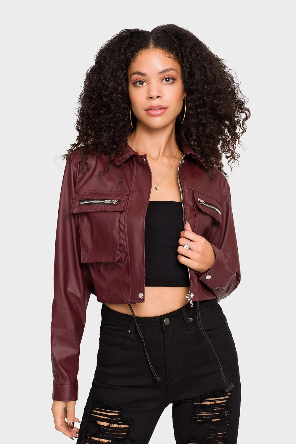 Clean Edge Piece Faux Leather Cropped Jacket