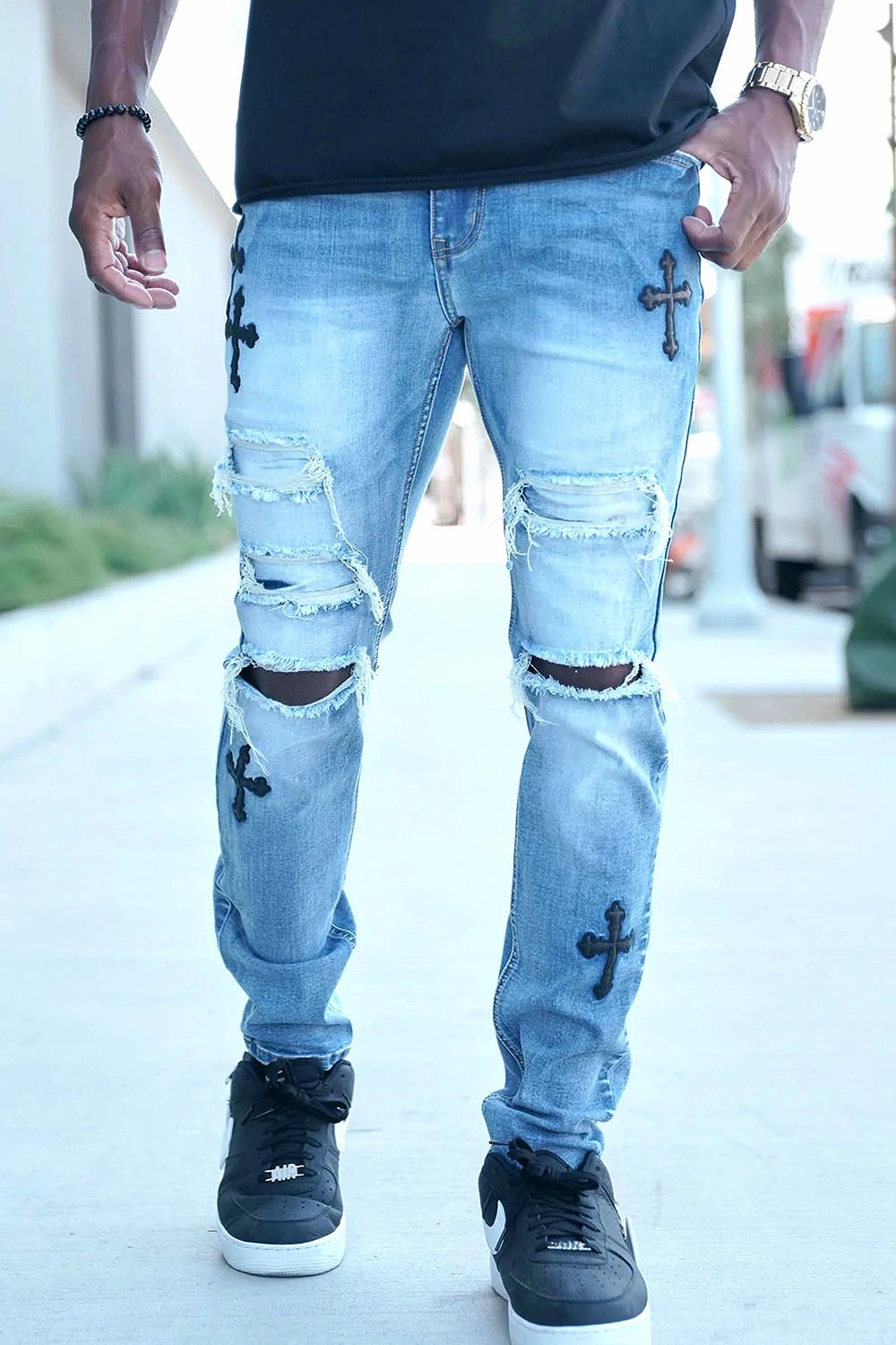 Effortless Fit Quick Dry Fabric Faux leather Cross Patch Distressed Denim Jeans