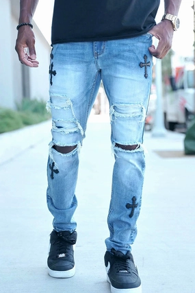 No Ride Up Faux leather Cross Patch Distressed Denim Jeans