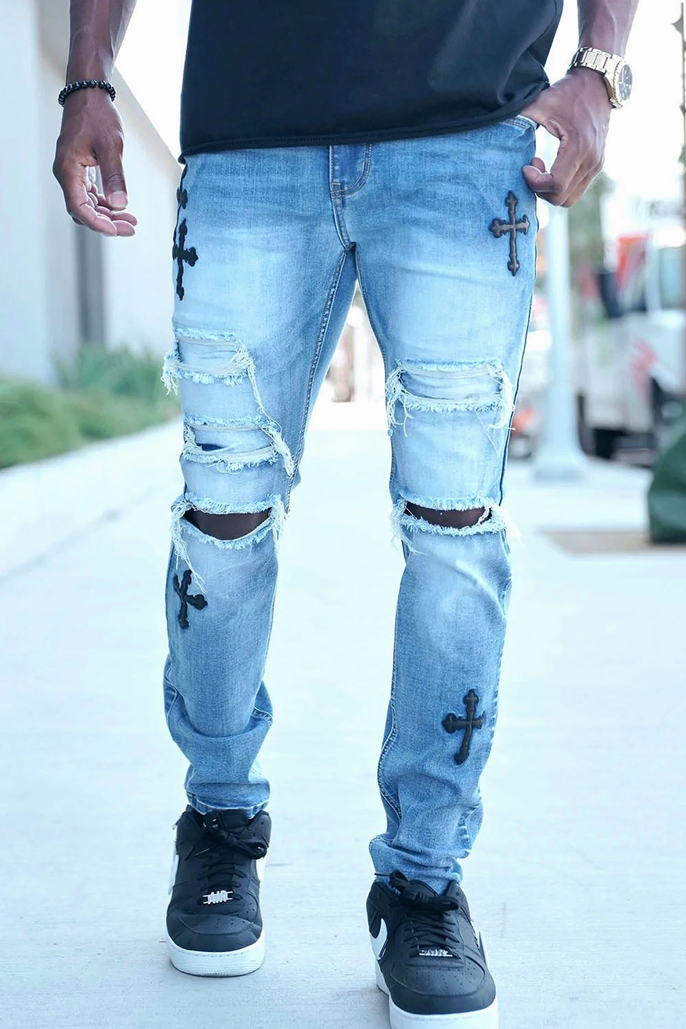 No Ride Up Faux leather Cross Patch Distressed Denim Jeans