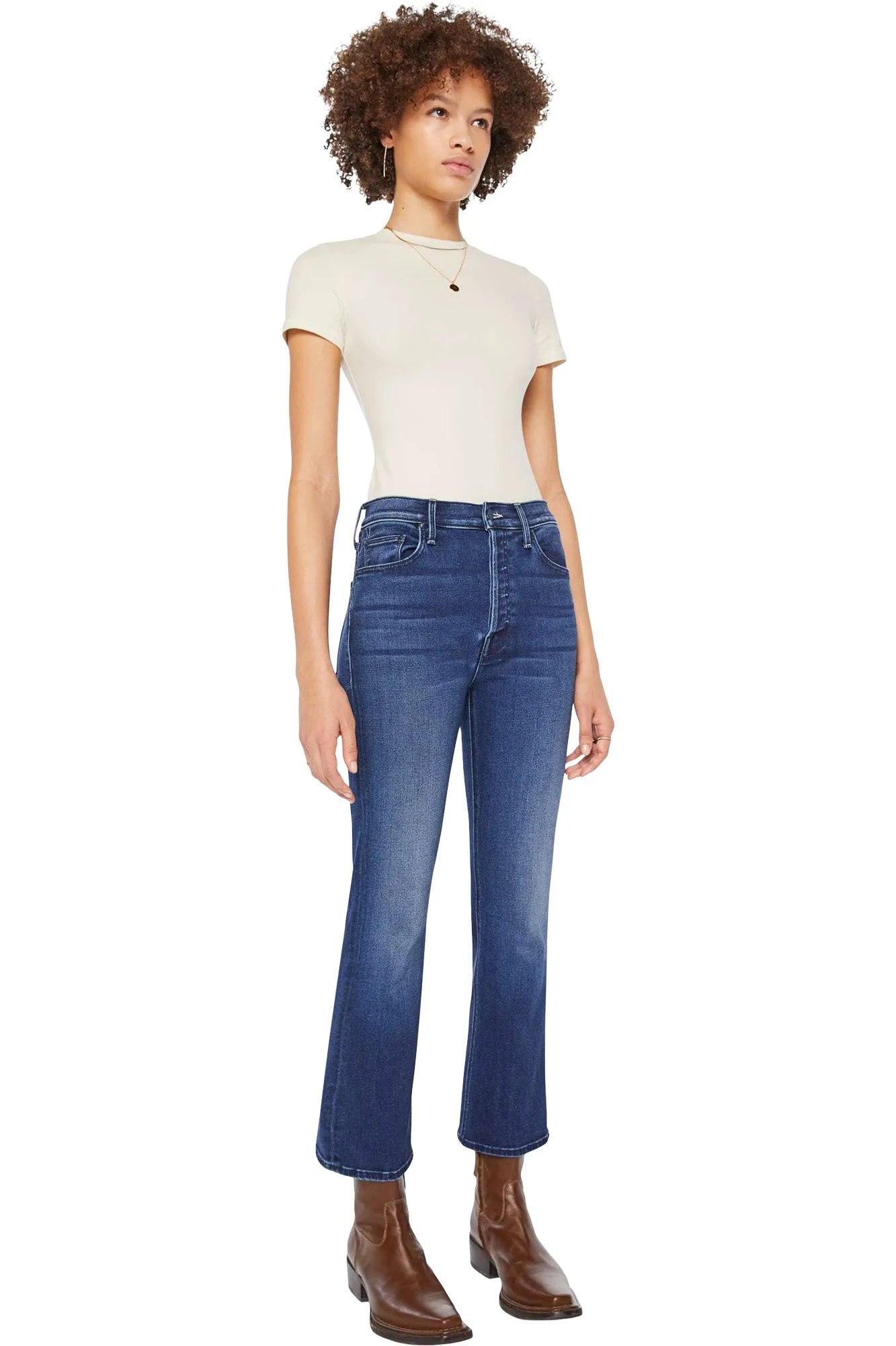 Travel Outfit Professional Wear Breathable Work Meeting Relaxed Style MOTHER Denim Tripper Ankle in Homecoming High