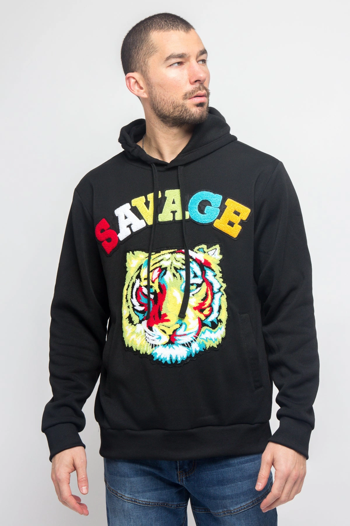 Quick Access Closures Interchangeable Liners Colorful Chenille Patched Savage Tiger Hoodie