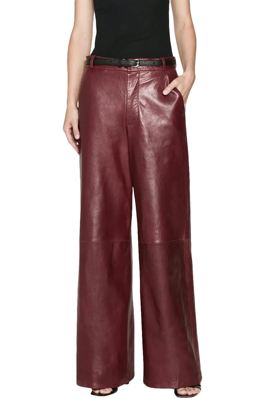 Frame Denim Wide Leather Trousers in Syrah Red Active Performance