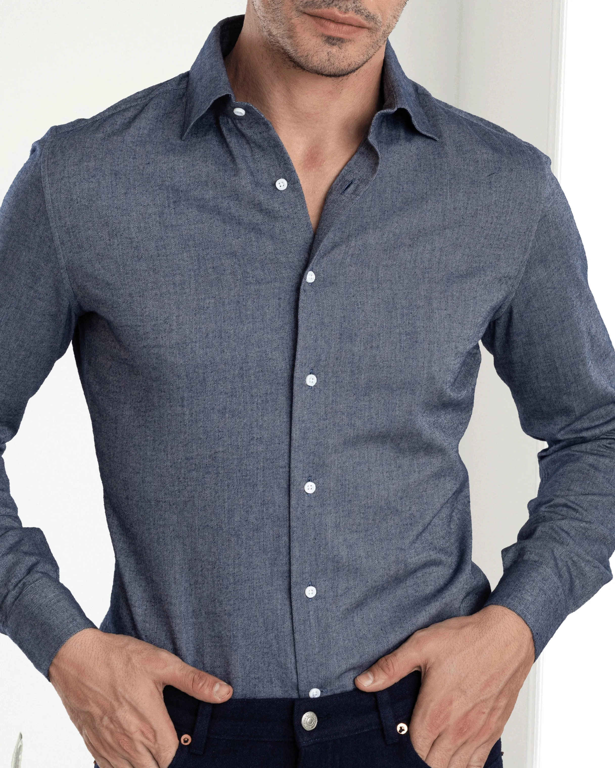 Twill Flannel Dark Blue Shirt High-End Finish