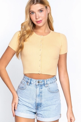 Breathable fabric tech Women's Essential Short Sleeve Round Neck Pearl Button Cardigan