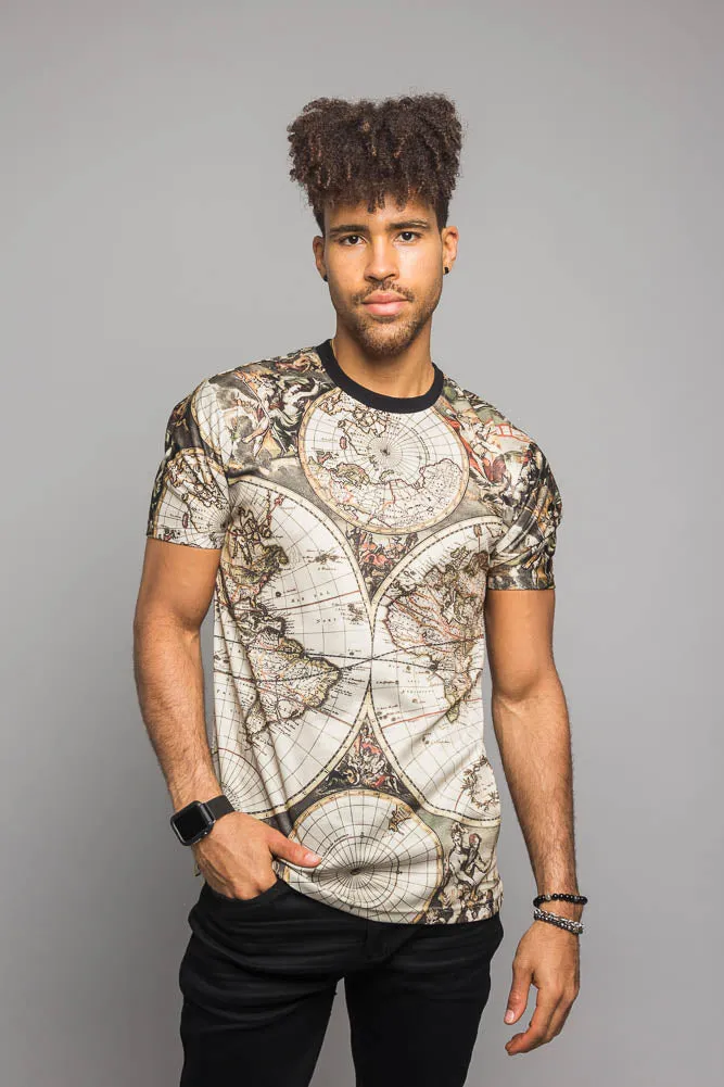 Global Map T-Shirt Adjustable Hem Cuff Basic Tee