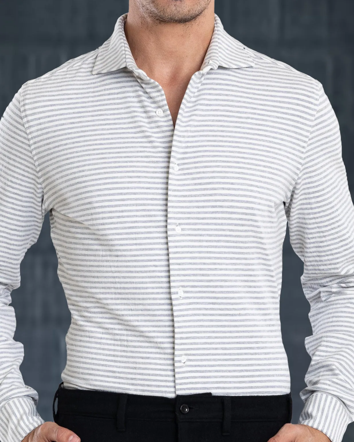 Grey White Candy Stripes Polo Shirt Easy Care