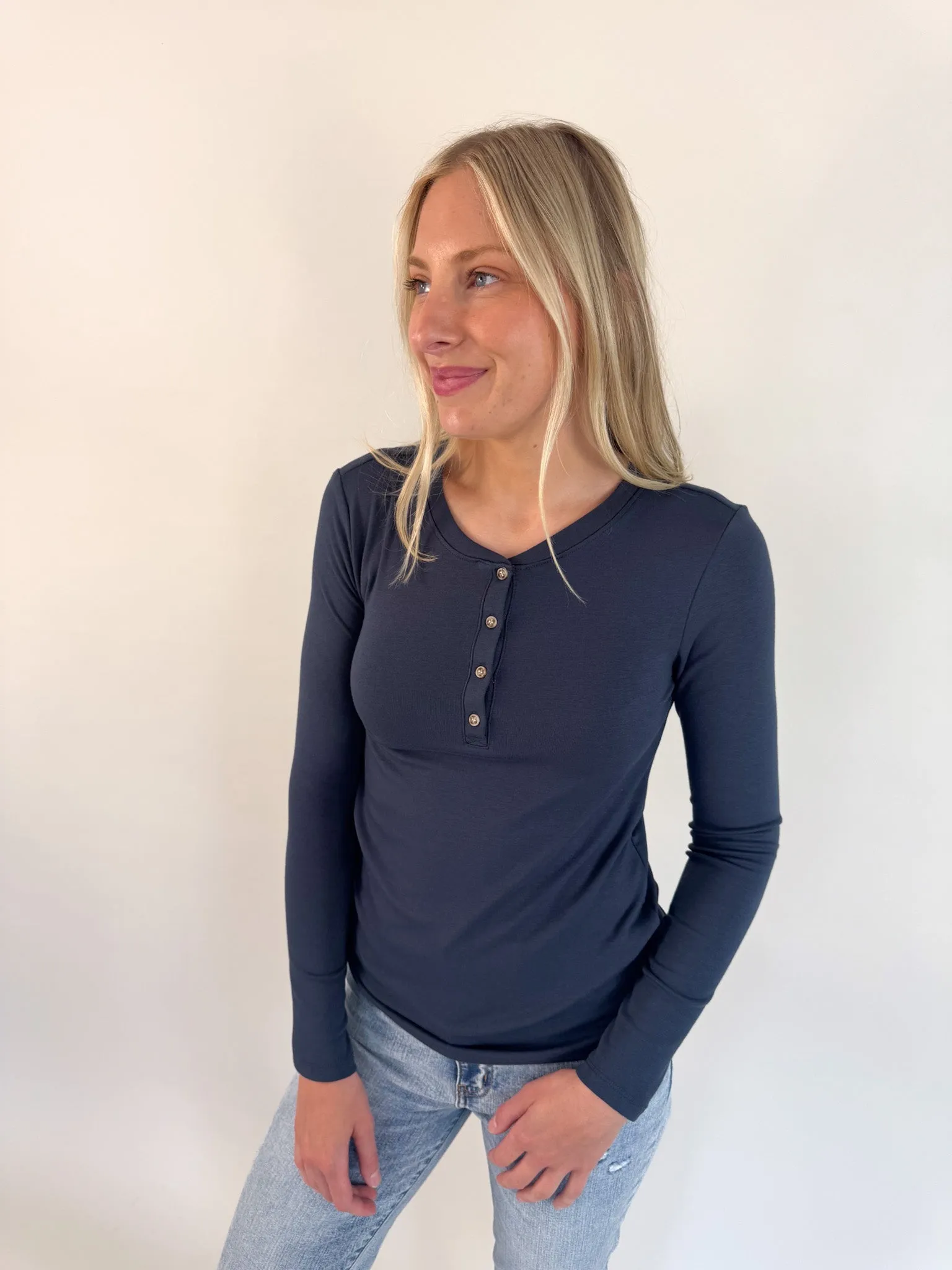 Grace Solid Henley Top- Teal Tall