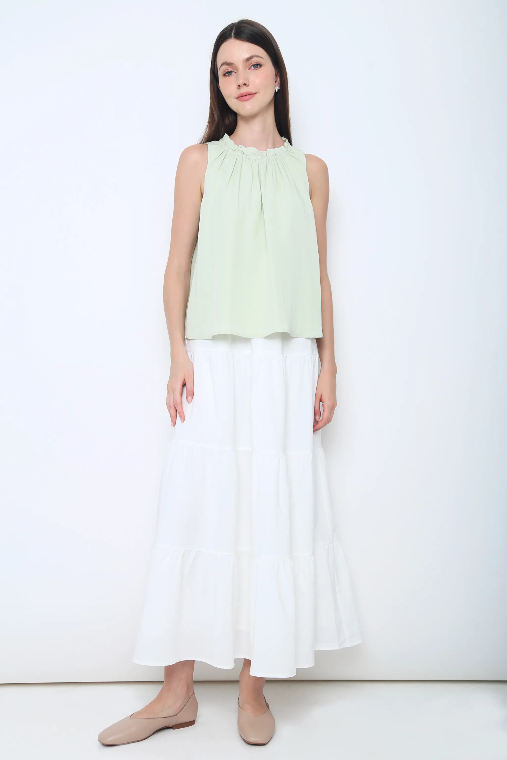 Graceous Ruffles Blouse Sage Stretch Knit Material