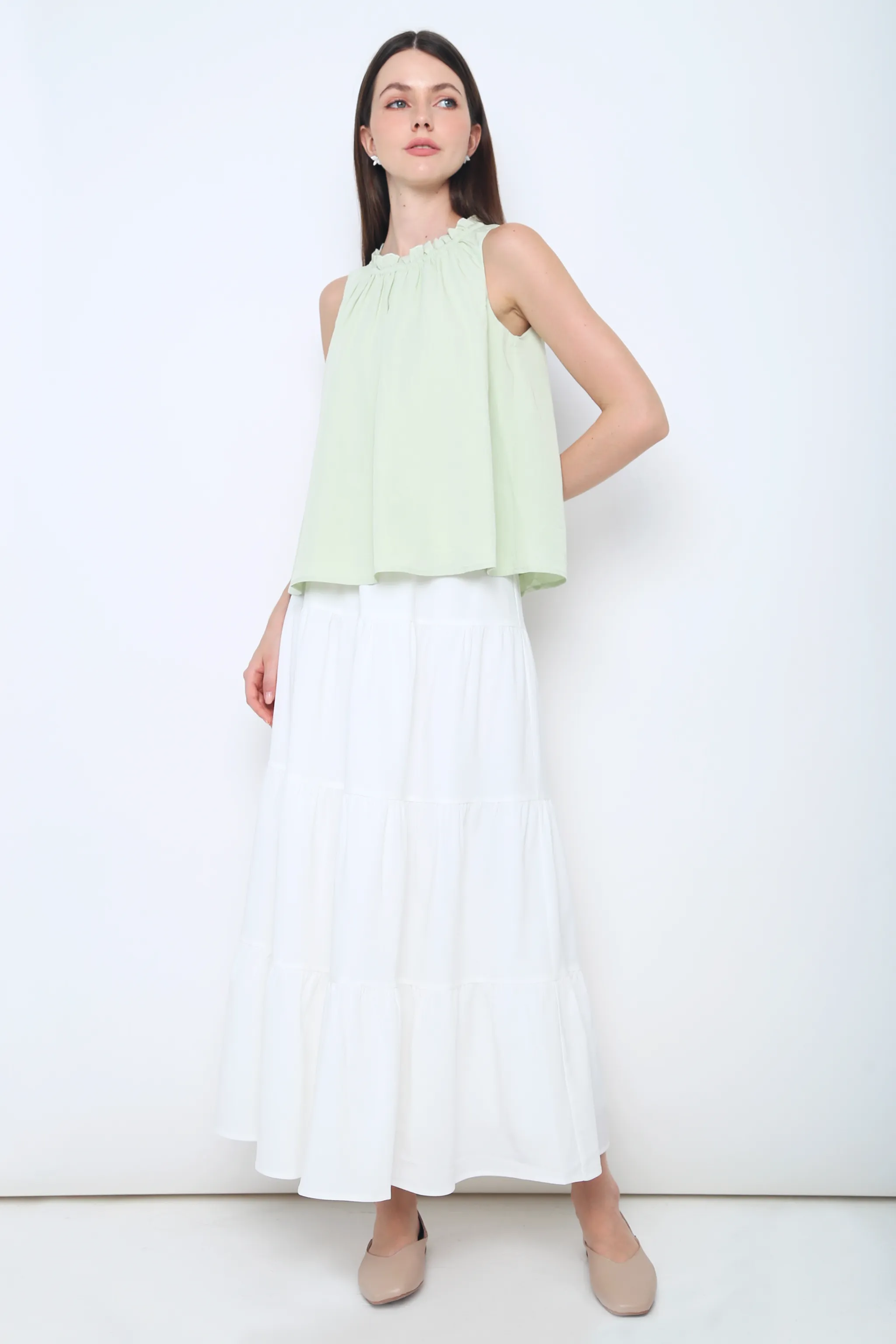 Compact TravelFriendly Design Stretch Material Graceous Ruffles Blouse Sage