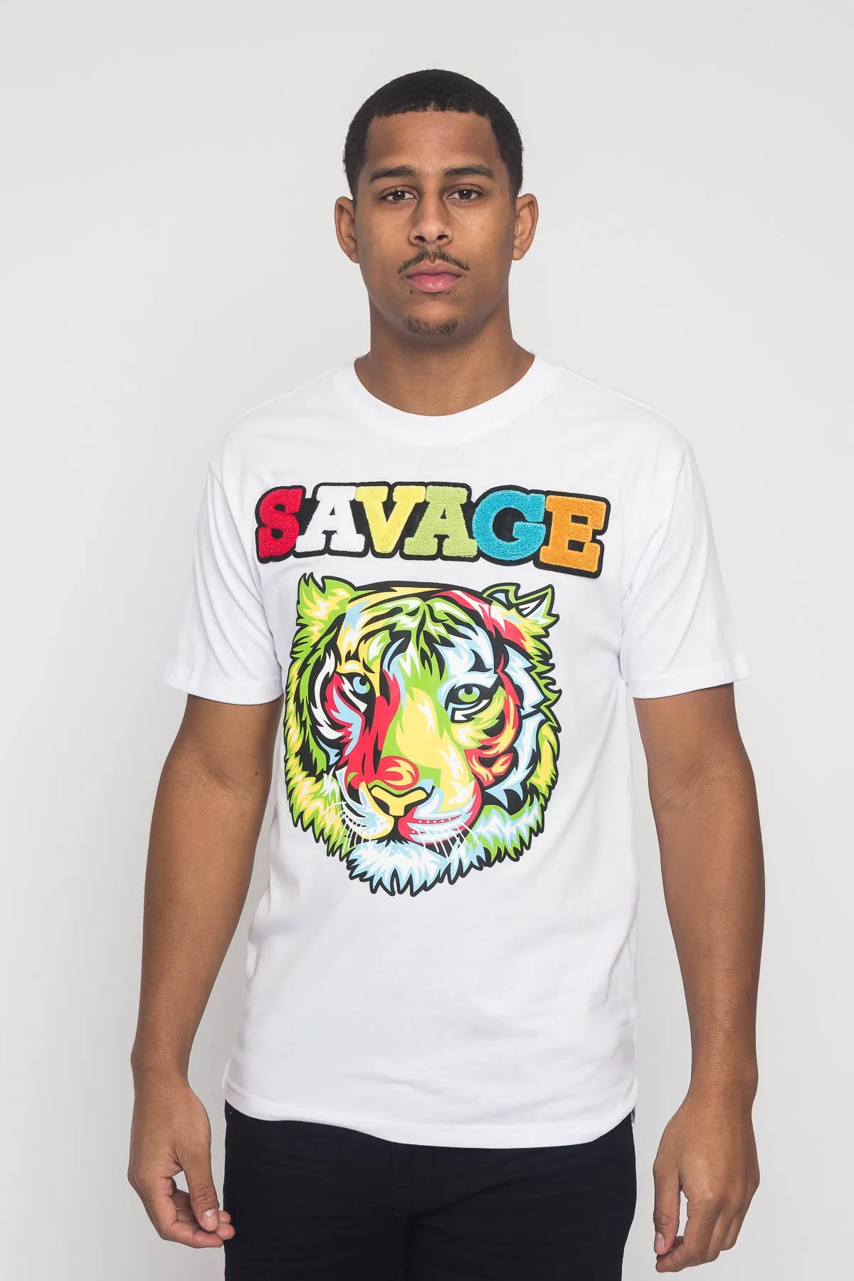 Stretch Woven Material Colorful Chenille Patched Savage Tiger T-Shirt