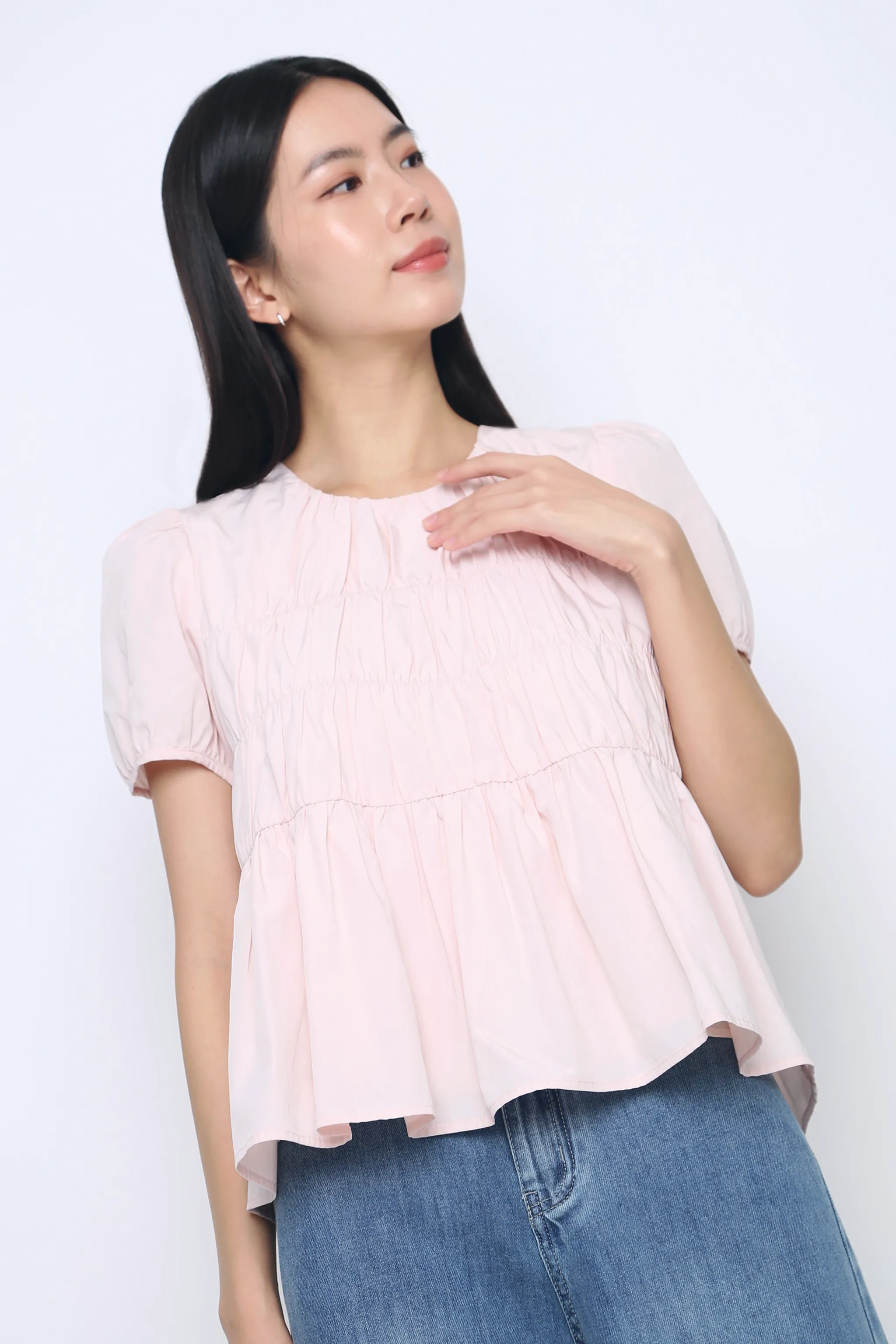 VentilatedBackPanel Overlock Edging Halo Ruche Blouse Powder Blush