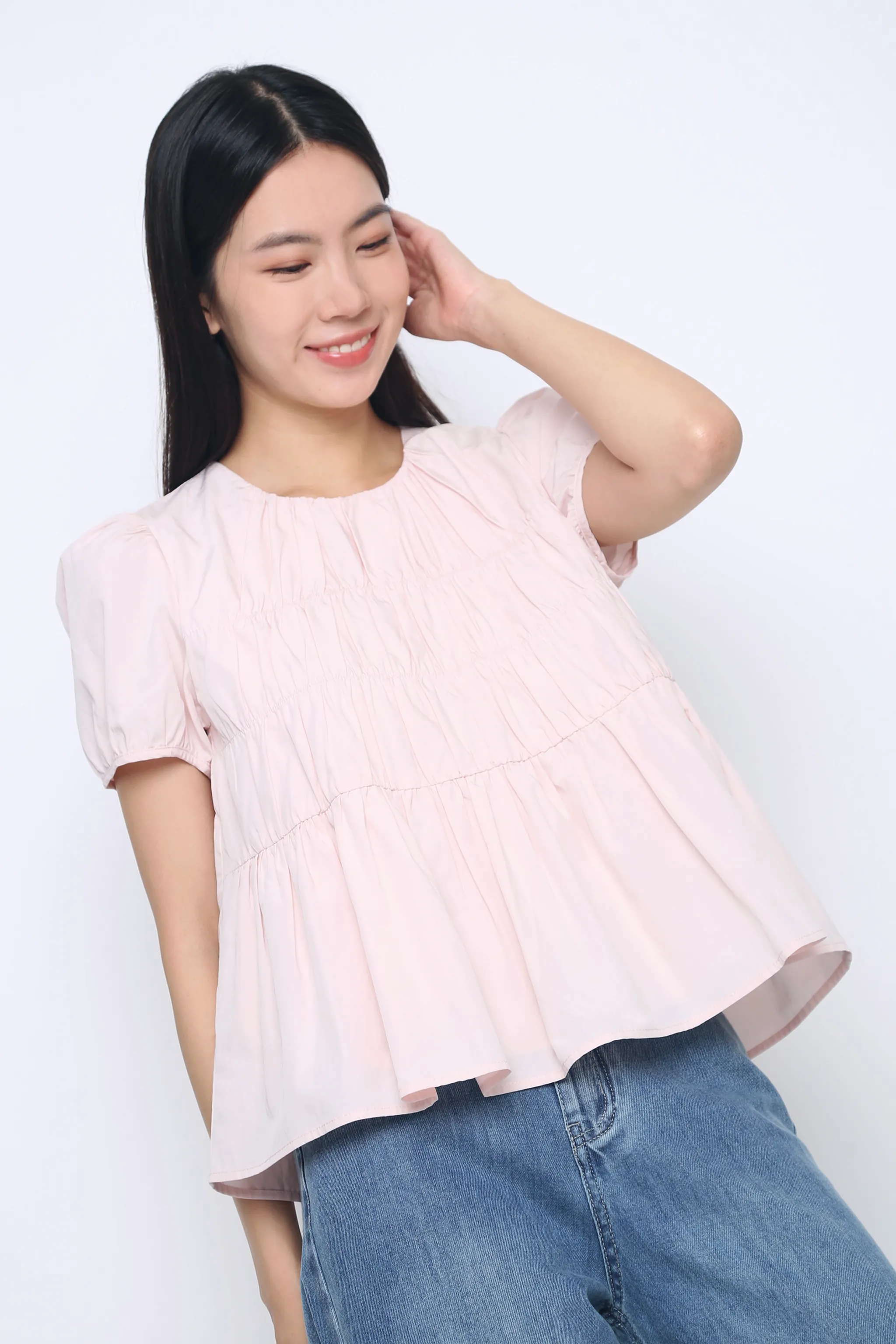 Halo Ruche Blouse Powder Blush Non Chafing Edges