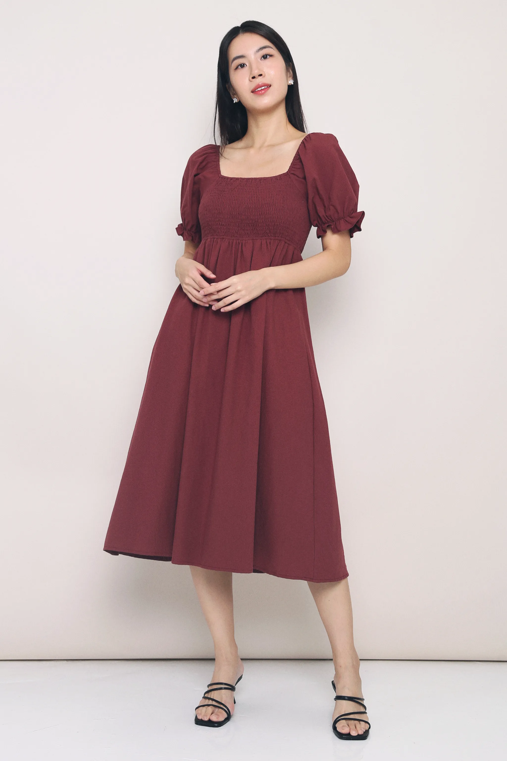 Harlow Smocked Midaxi Dress Burgundy Clean Drape Fresh Form
