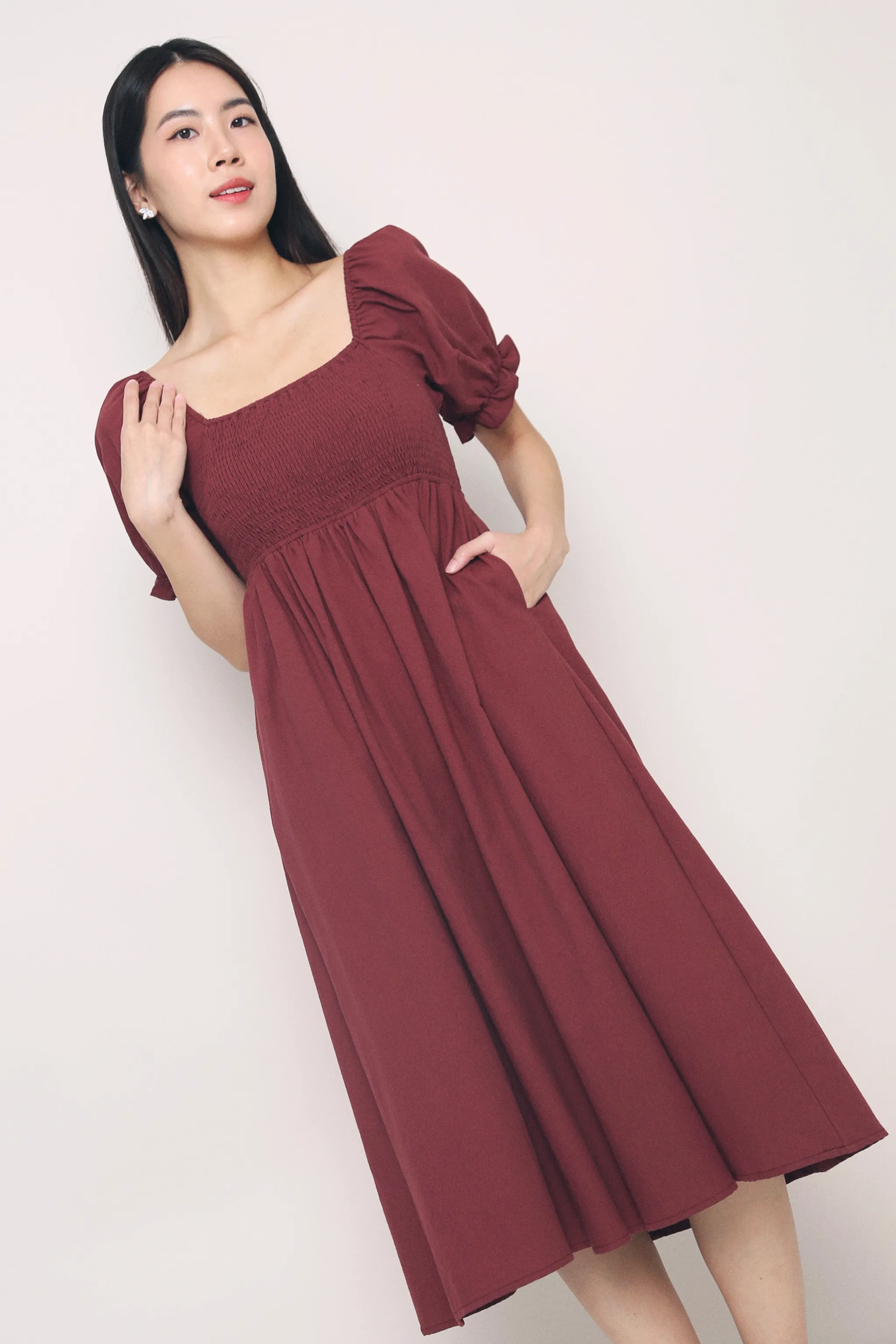 Harlow Smocked Midaxi Dress Burgundy Refined Line