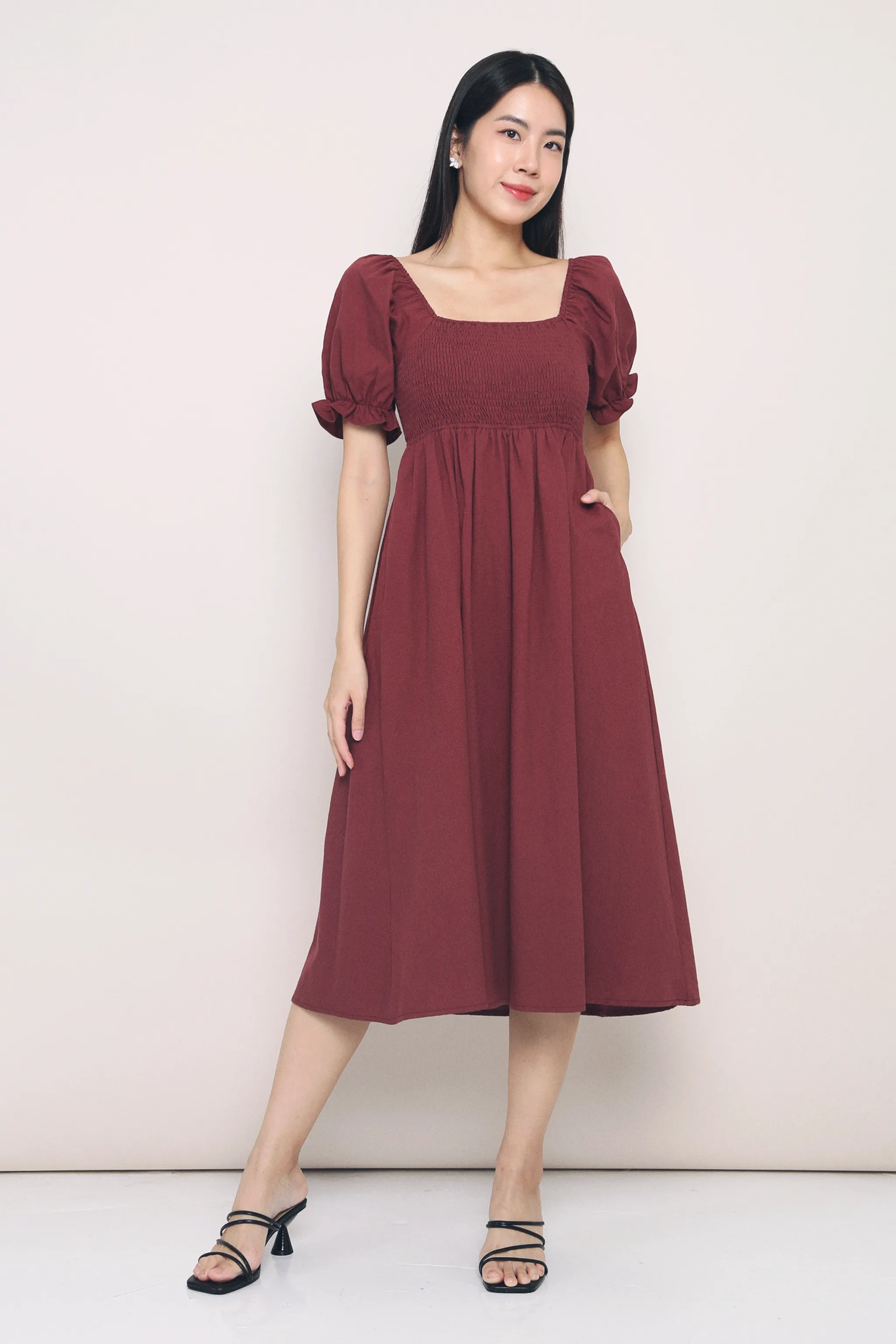 Texture Flow Harlow Smocked Midaxi Dress Burgundy