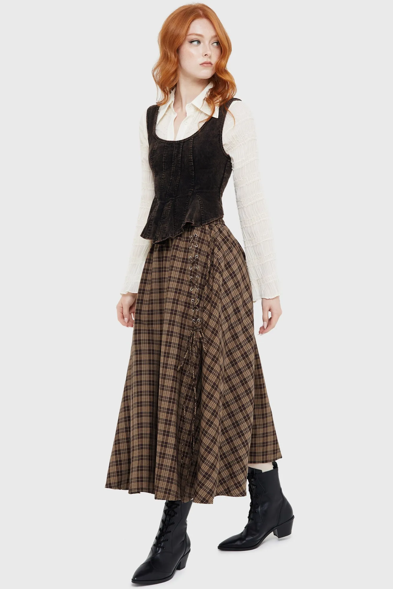 Comfort Waistline Haven Hollow Skirt [BROWN TARTAN]