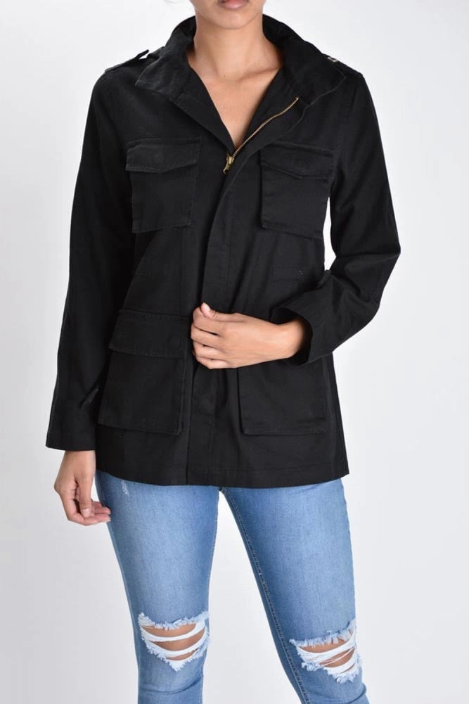 Women's Hooded Cargo Jacket Layered Hem Design