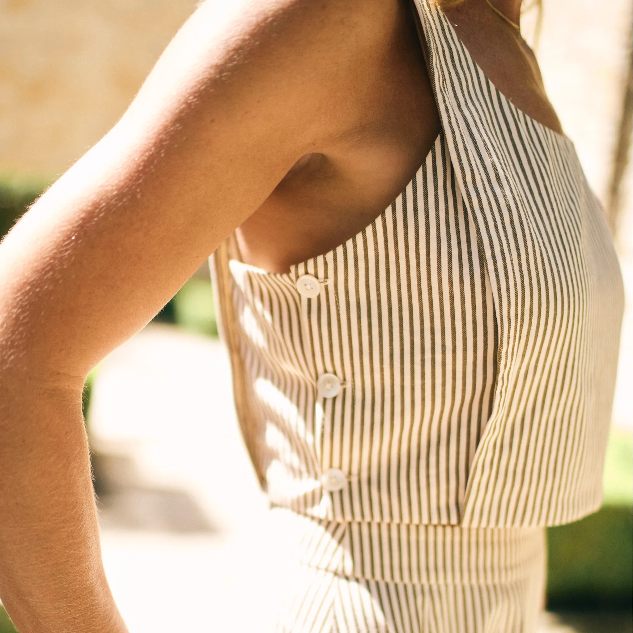 MASON'S DAUGHTER | Sophia Top, Brown & Ivory Dobby Striped Non Chafing Edges