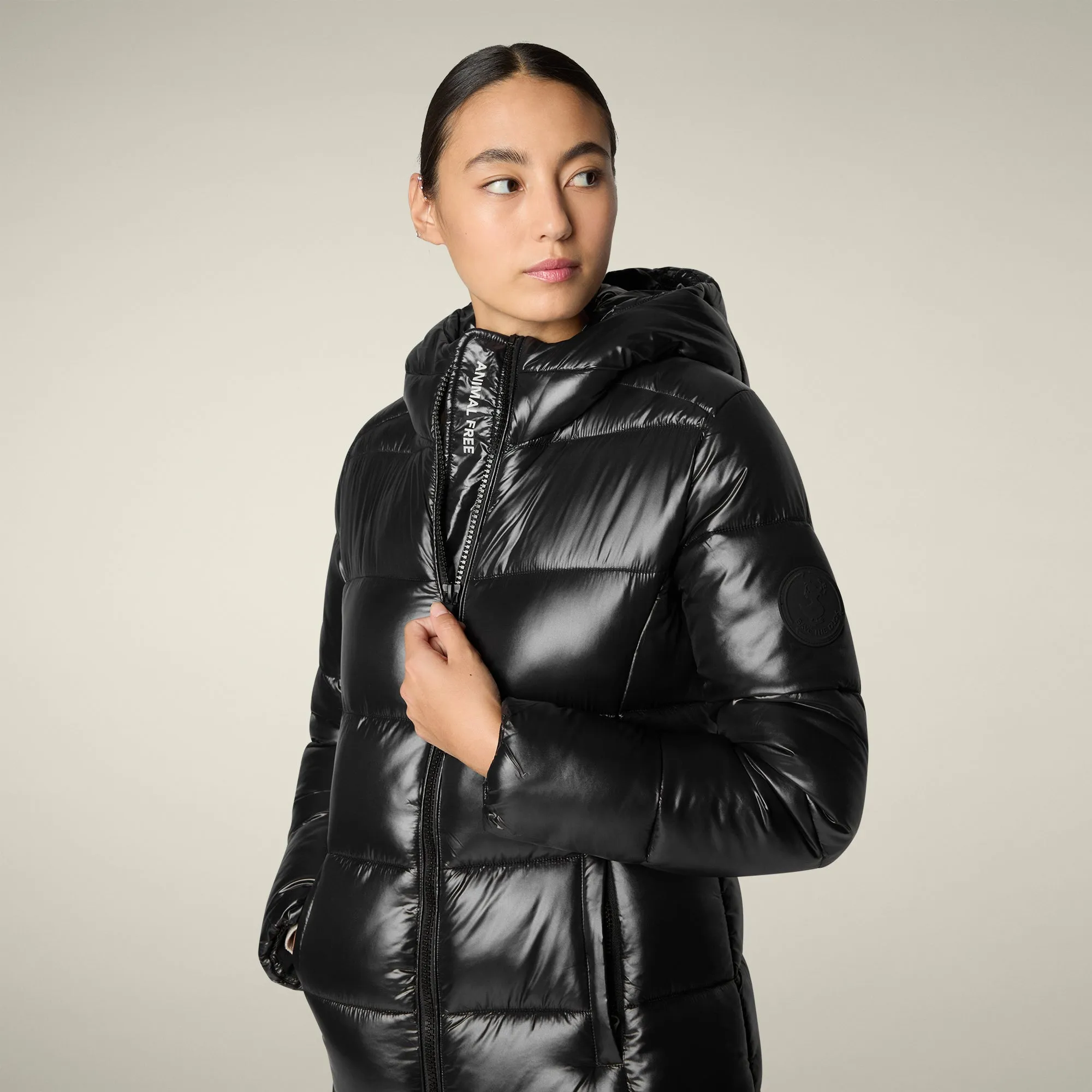 Weatherproof Zipper Seals Women's Animal free puffer Coat ines in black