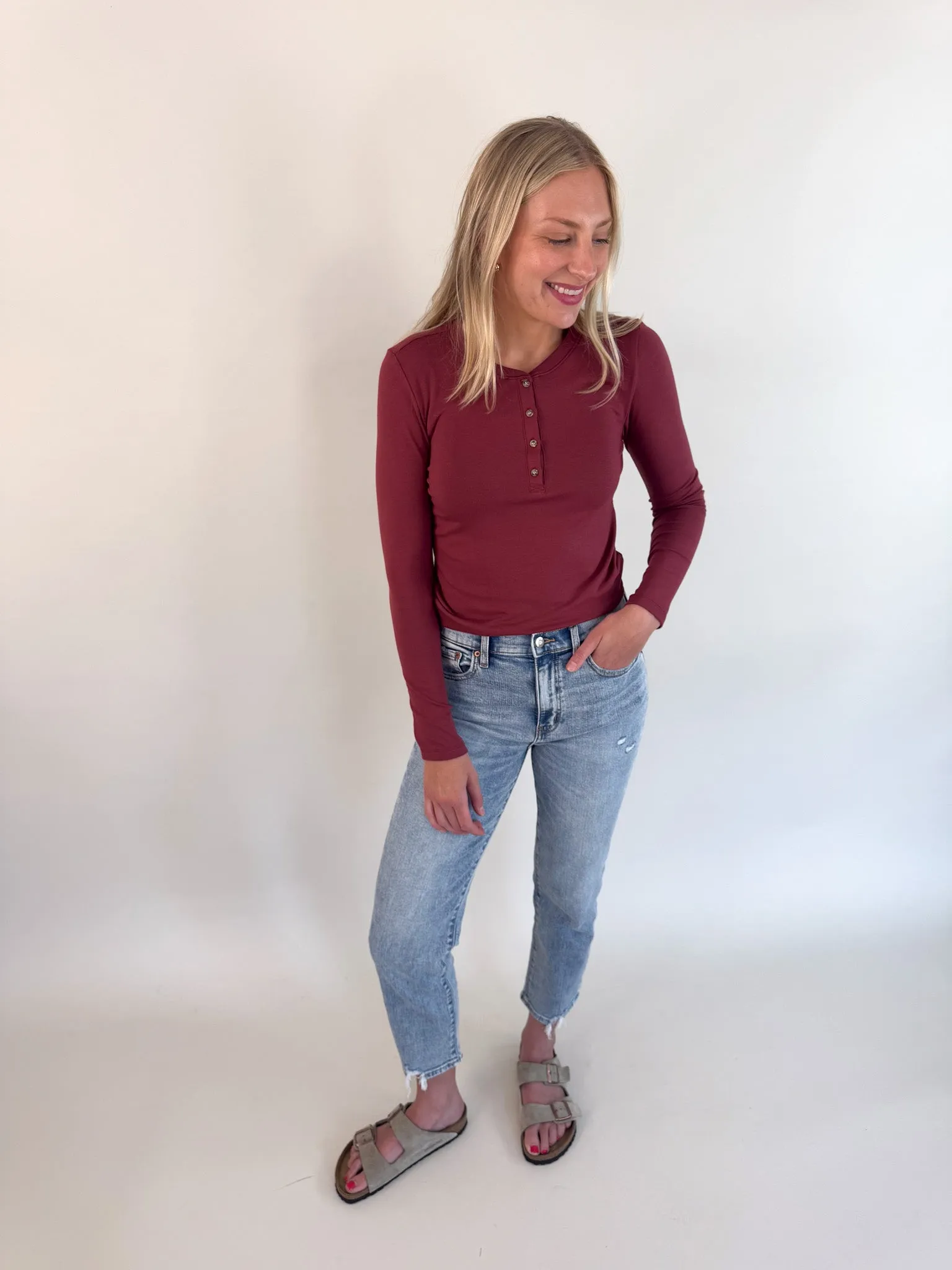 Double Needle Stitching Grace Solid Henley Top- Burgundy