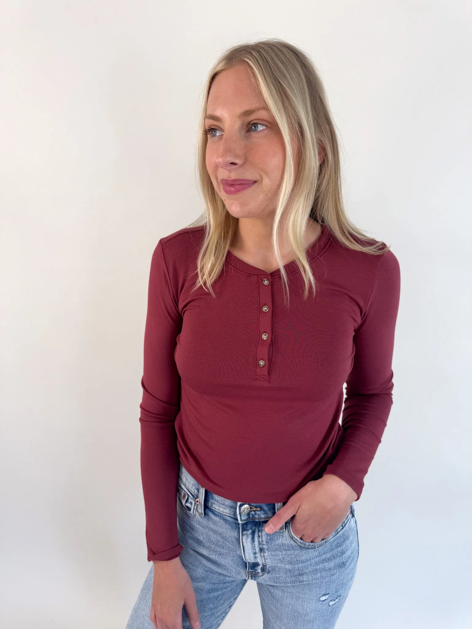 Preppy Grace Solid Henley Top- Burgundy