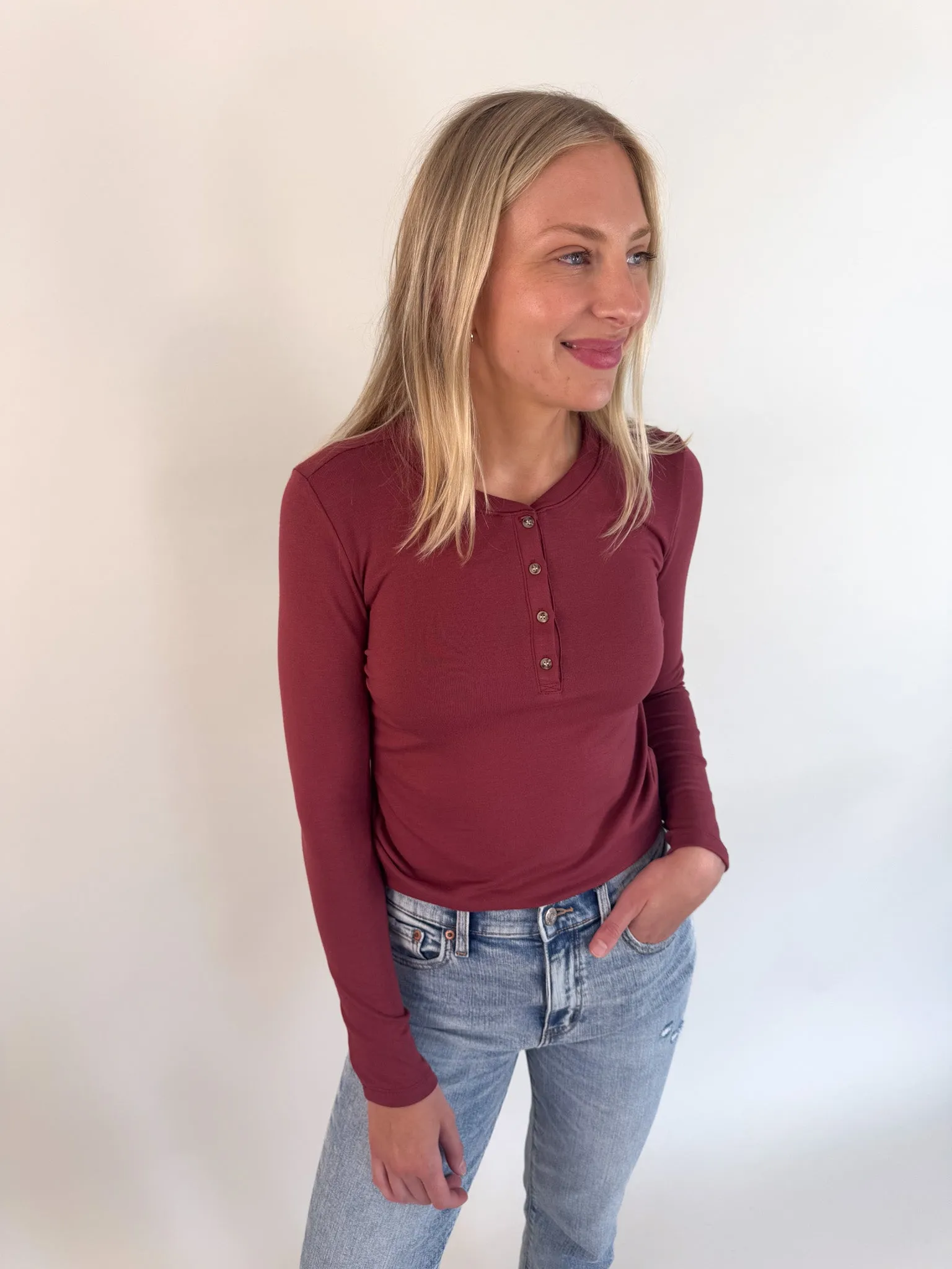 Grace Solid Henley Top- Burgundy Mall Craft