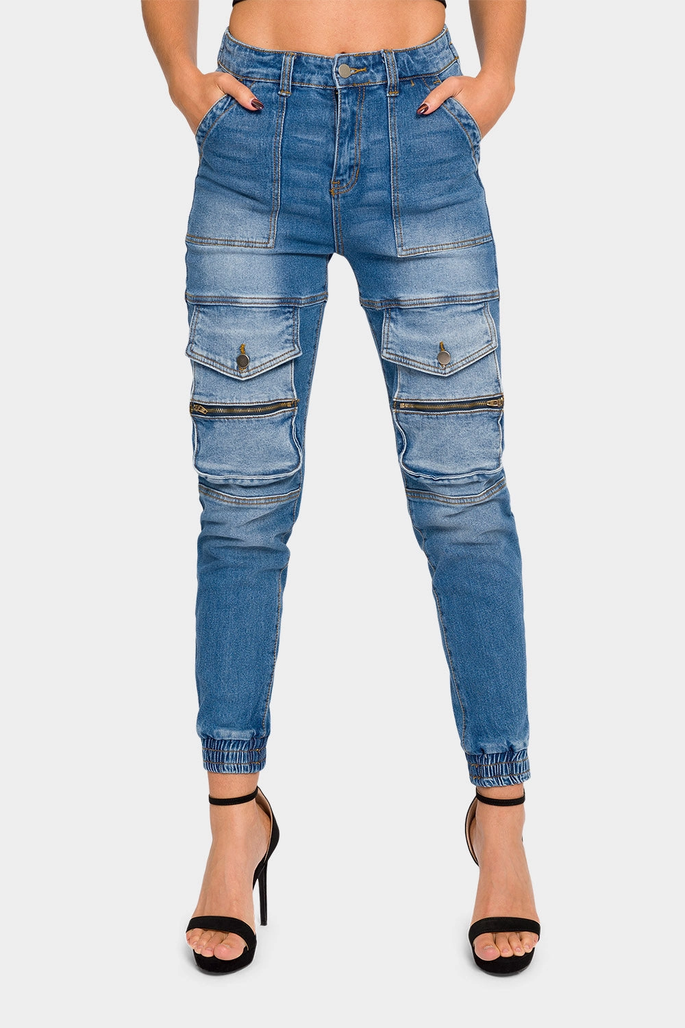 High Rise Cargo Denim Joggers Sporty Design