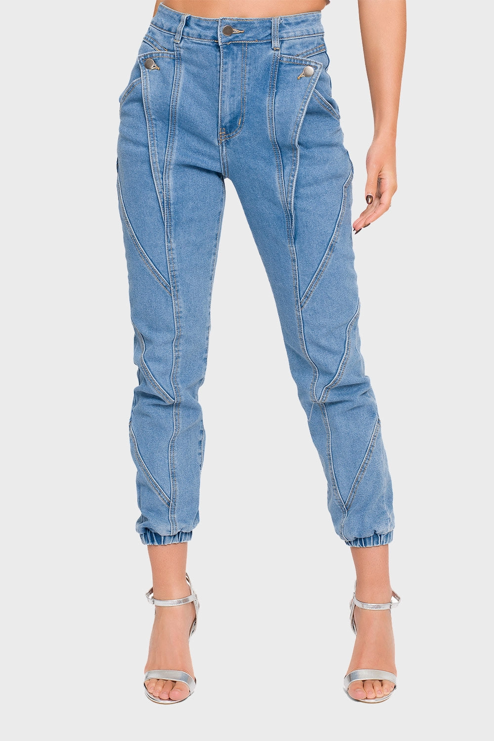 High Rise Detail Sewing Denim Joggers Flexible Performance