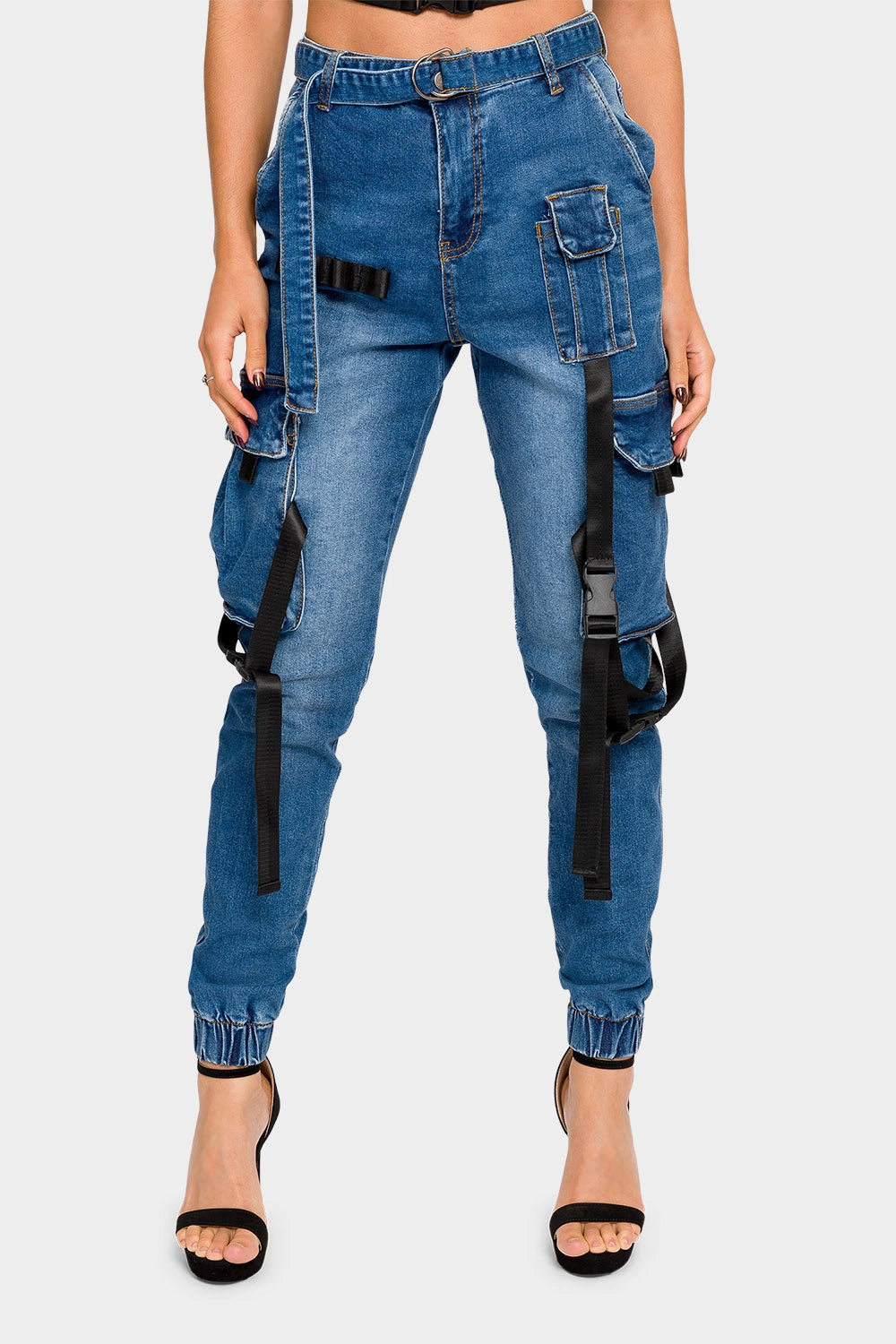 High Rise Utility Denim Joggers Dynamic Motion