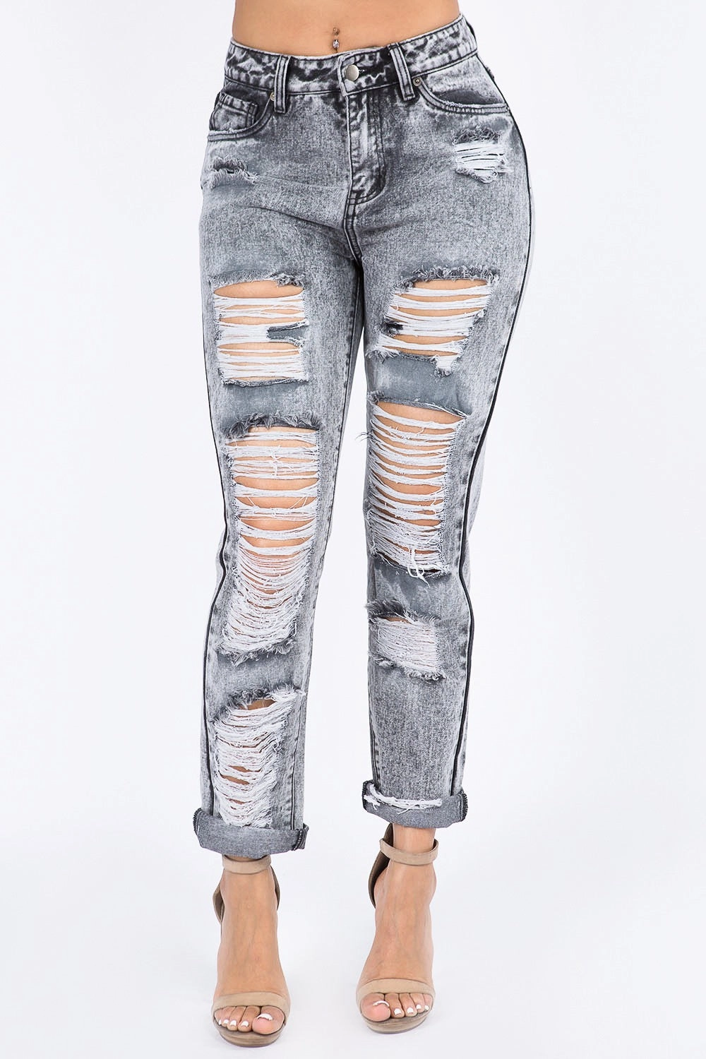 GussetedCrotch NoBuckleDesign High Waist Acid Wash Mom Jeans