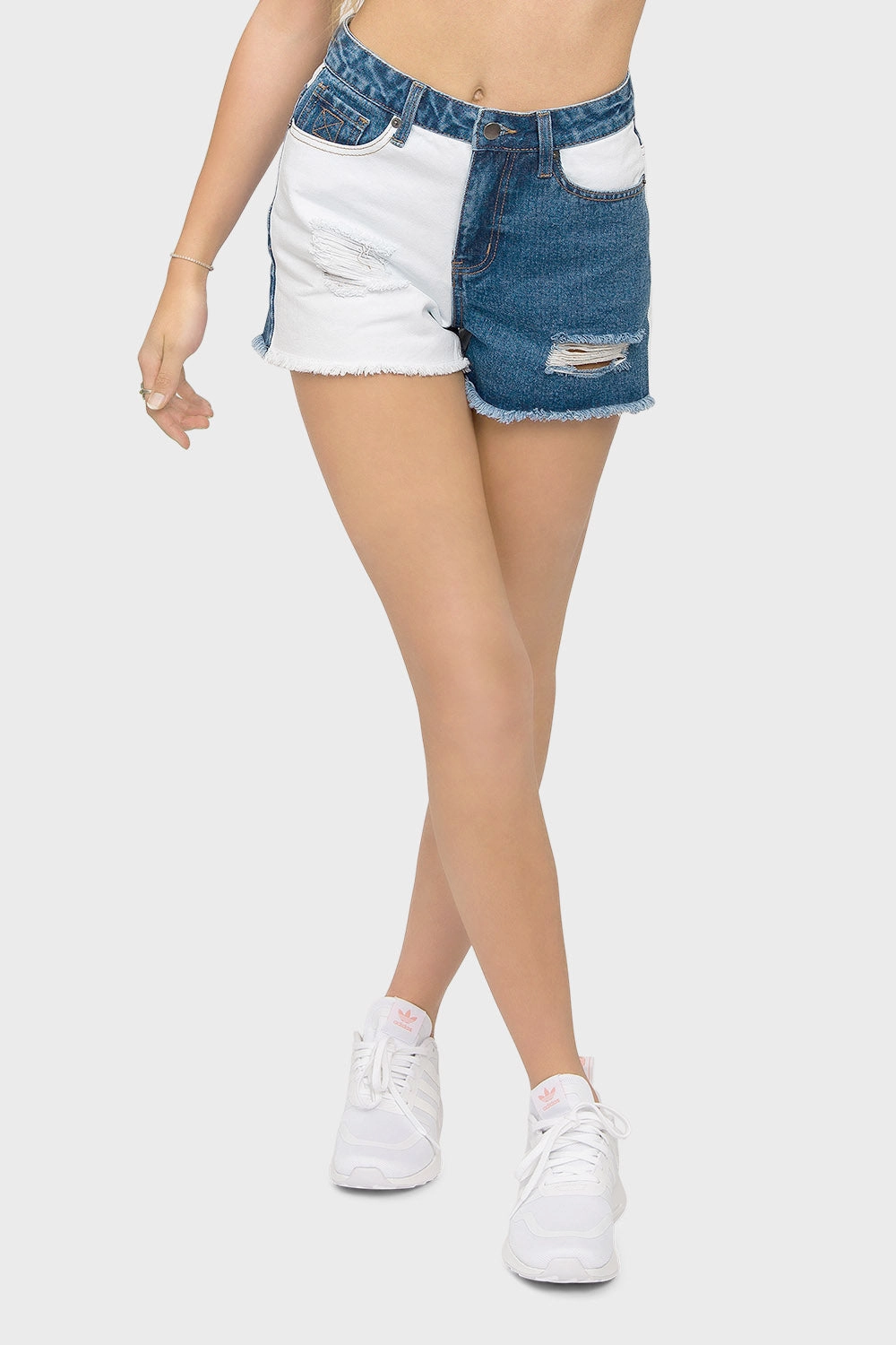High Waist Color Block Denim Shorts Breathable Weave Fabric