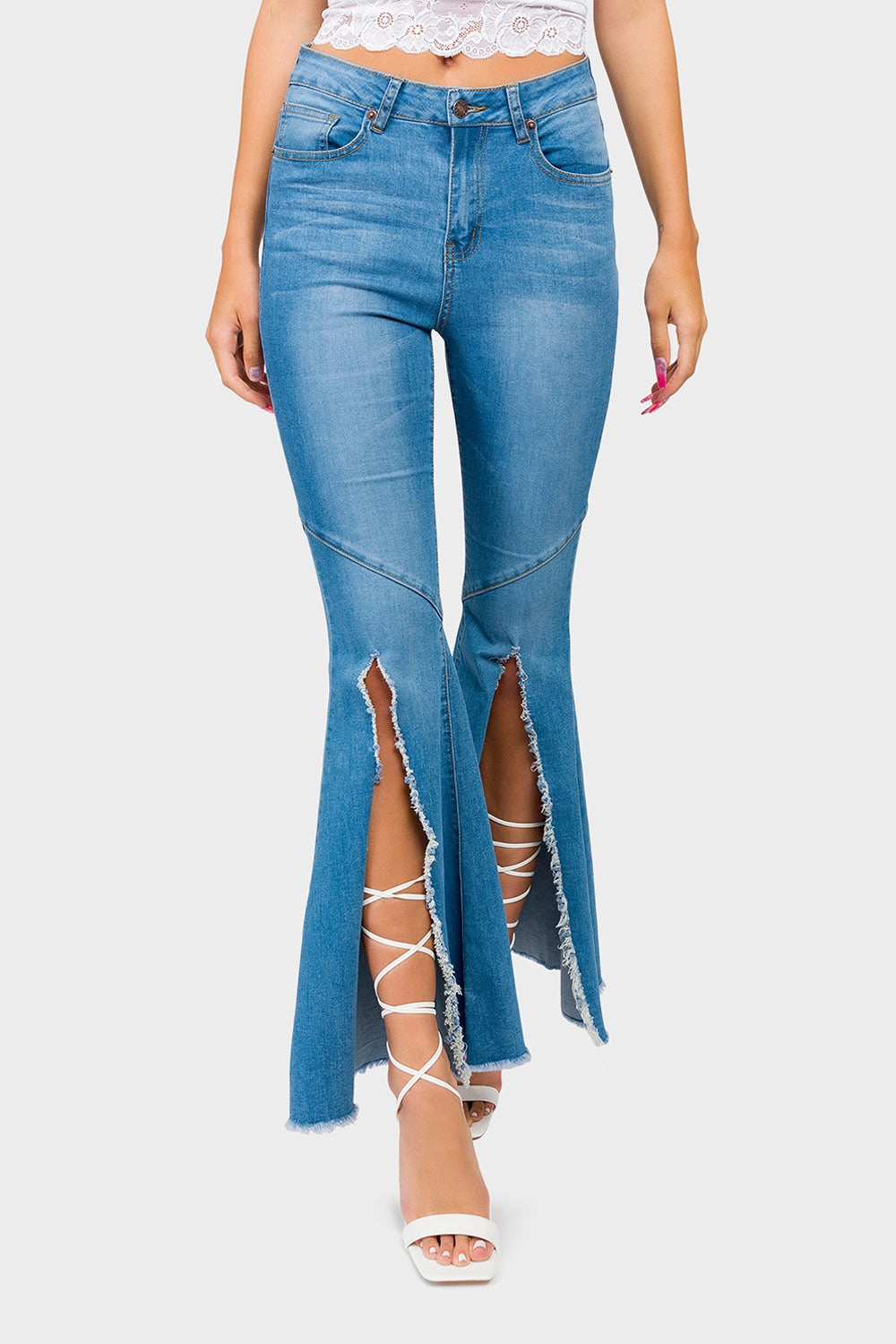 High Waist Front Slit Flare Jeans TaglessDesign