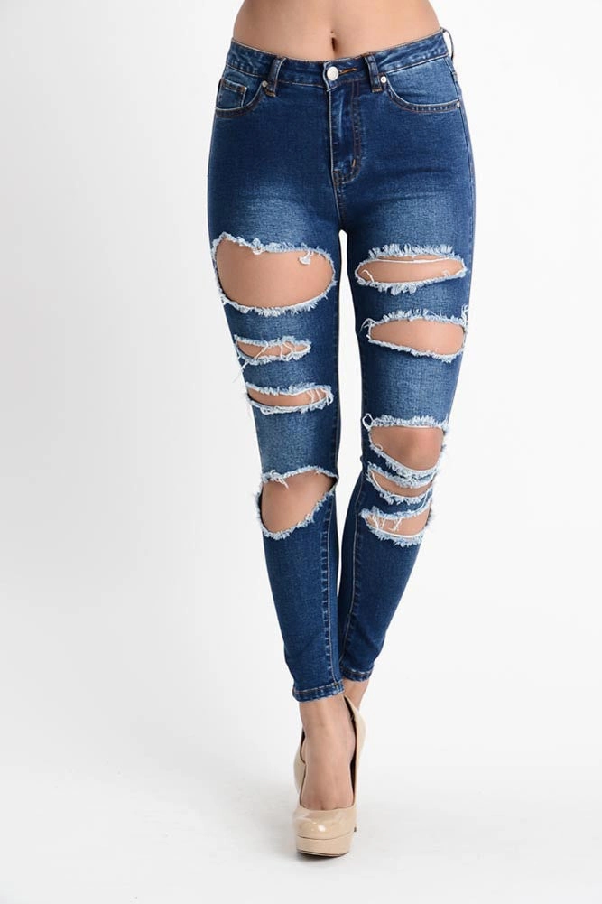 Eco Friendly Dyeing High Waisted Destroyed Skinny Jeans