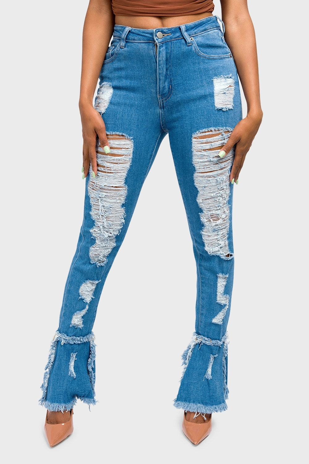 High Waisted Distressed Bootcut Jeans Casual Comfort Water Resistant Finish
