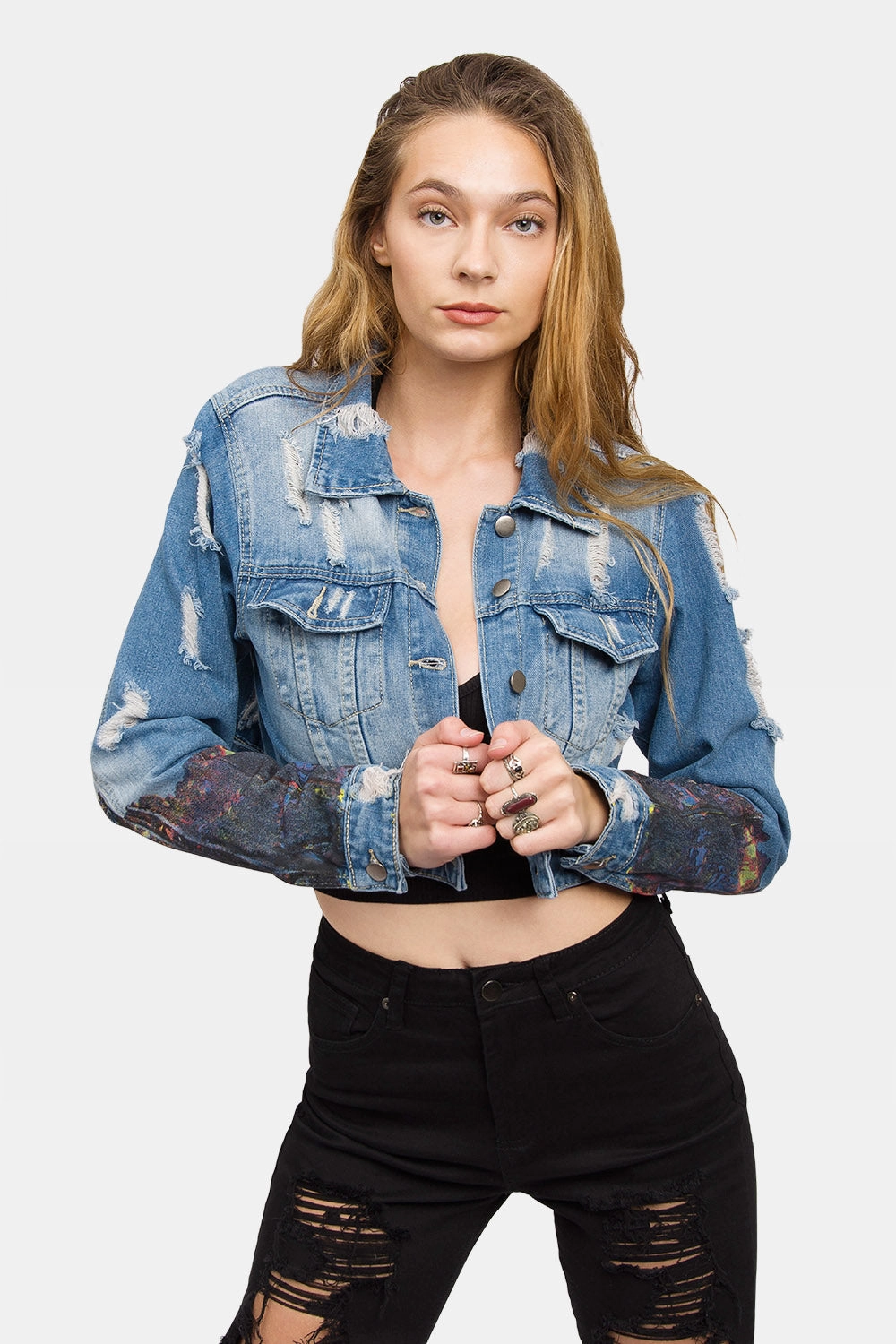 Hollywood Print Cropped Denim Jacket Ultraviolet Protection Factor