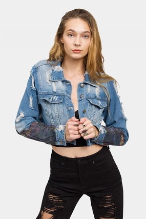 Hollywood Print Cropped Denim Jacket Ultraviolet Protection Factor