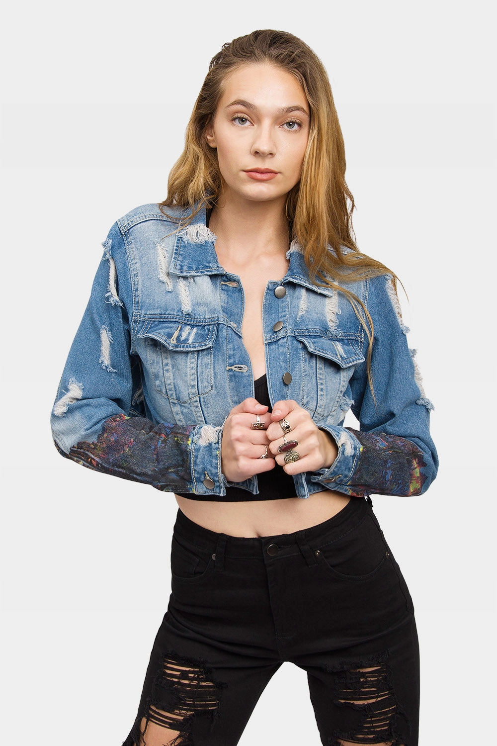 Camo Print Hollywood Print Cropped Denim Jacket
