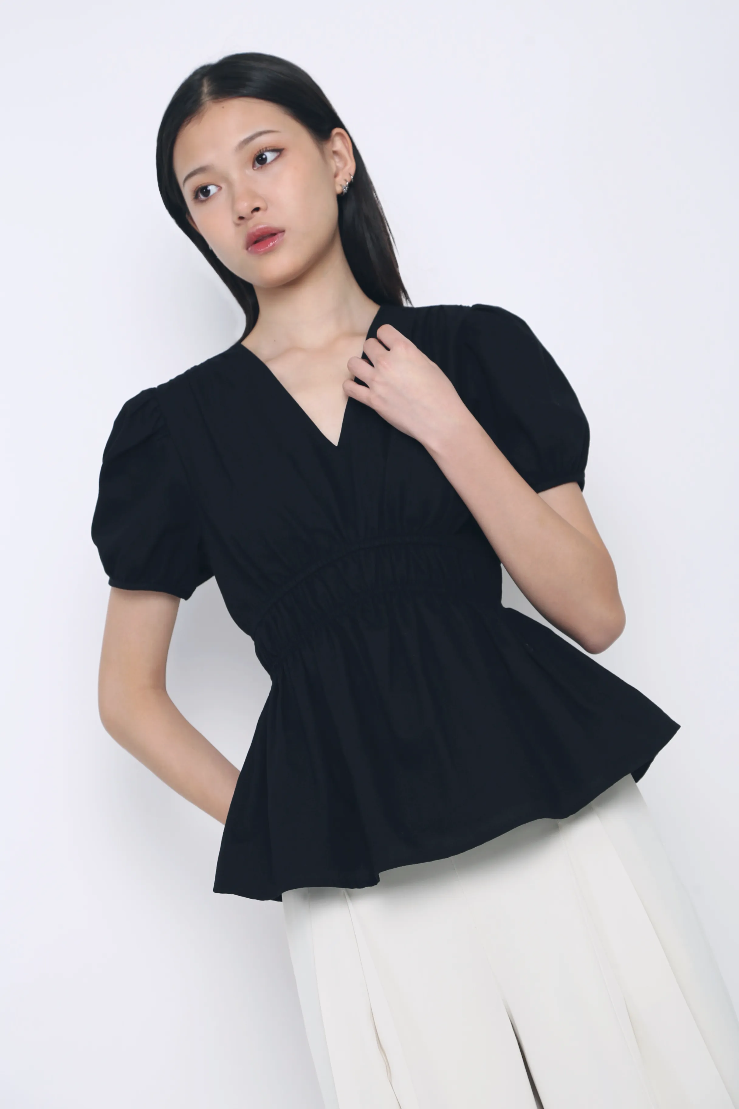 Airflow Ventilation Zones NonRestrictive Ike V Neck Shirred Waist Blouse Black