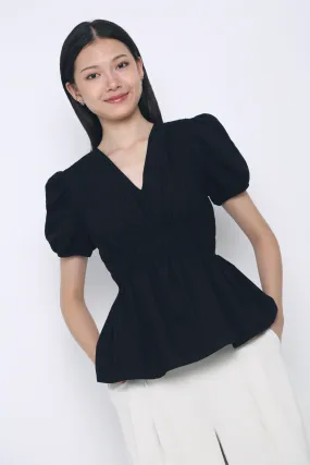 Lightweight pullover NonRestrictiveCut Ike V Neck Shirred Waist Blouse Black