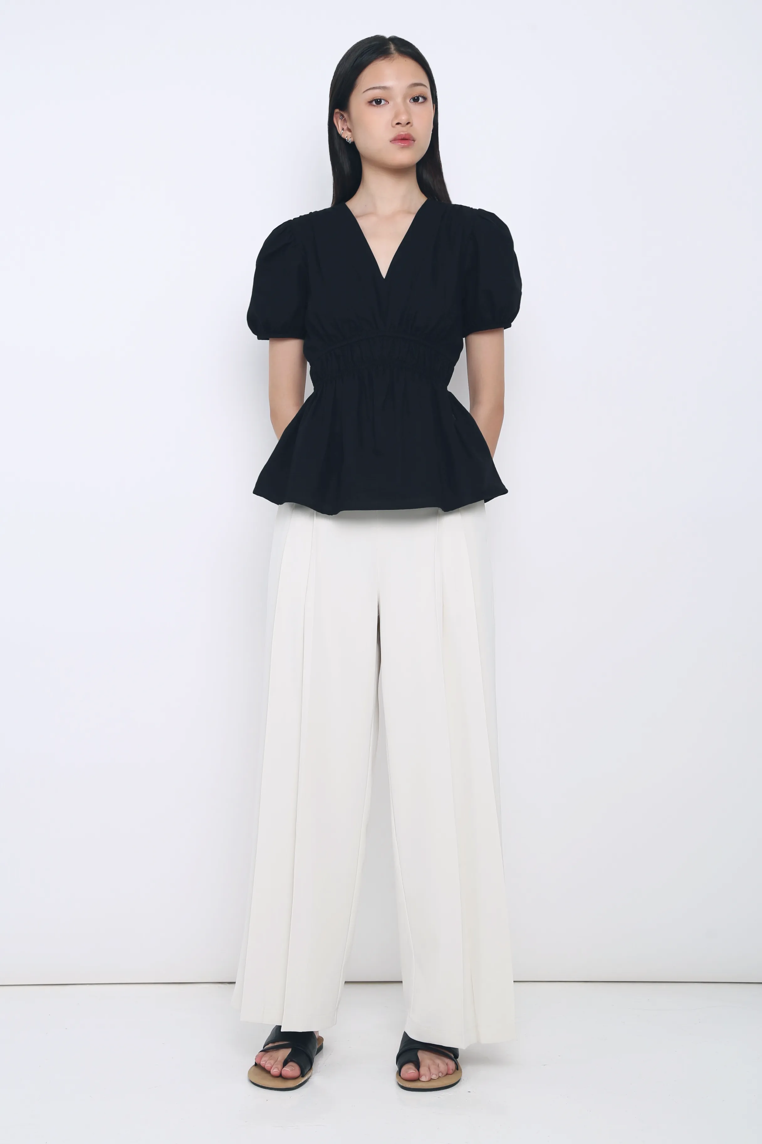 AntiPilling Technology Ike V Neck Shirred Waist Blouse Black