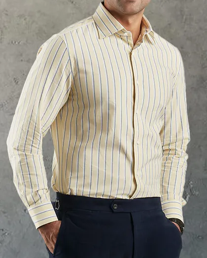 Ventilated Back Panel All-Occasion Wear Indigo White Stripes On Pale Yellow Oxford Shirt