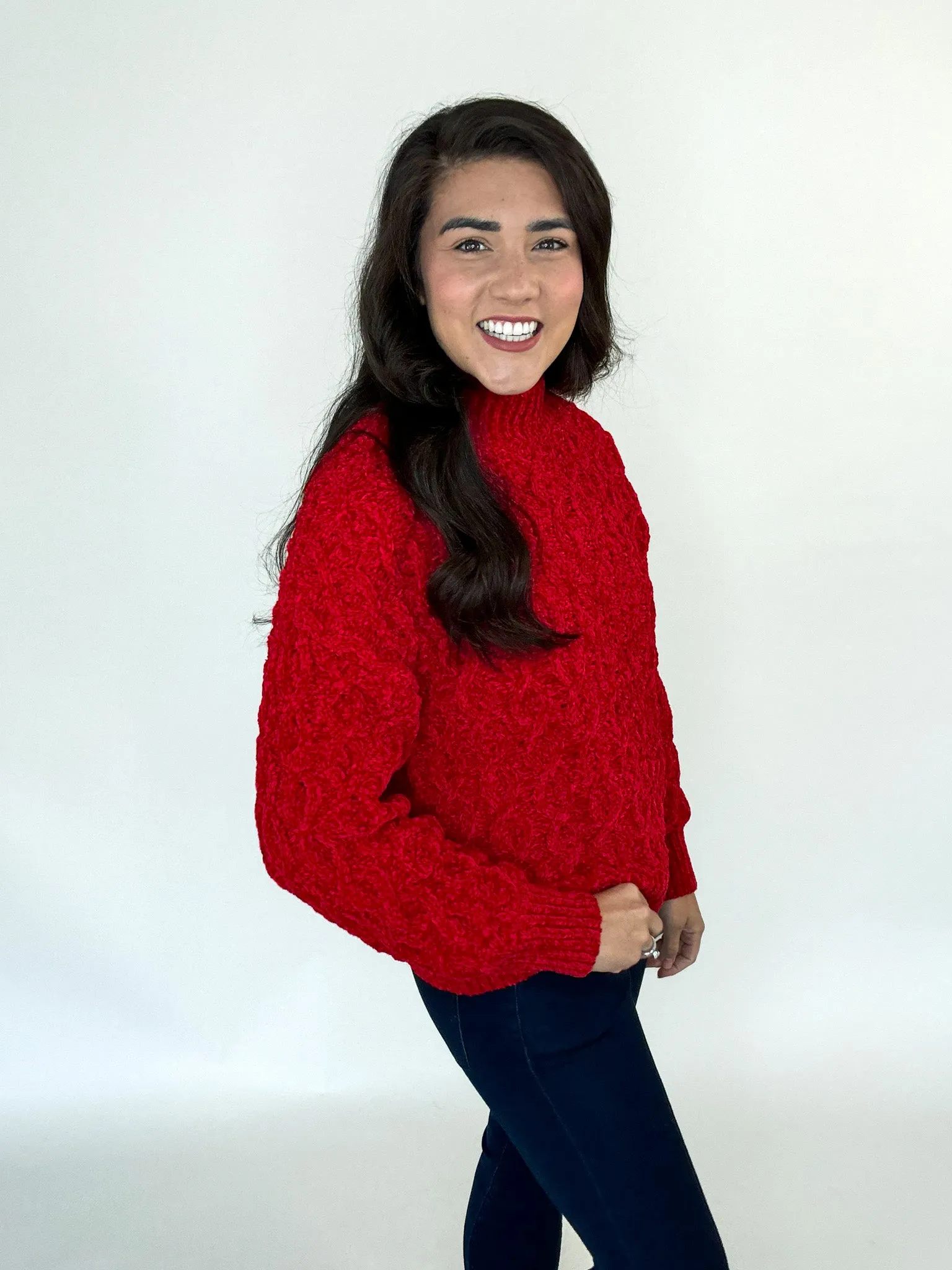 Isabel Mock Neck Red Sweater Elastic hem Fashionable Look