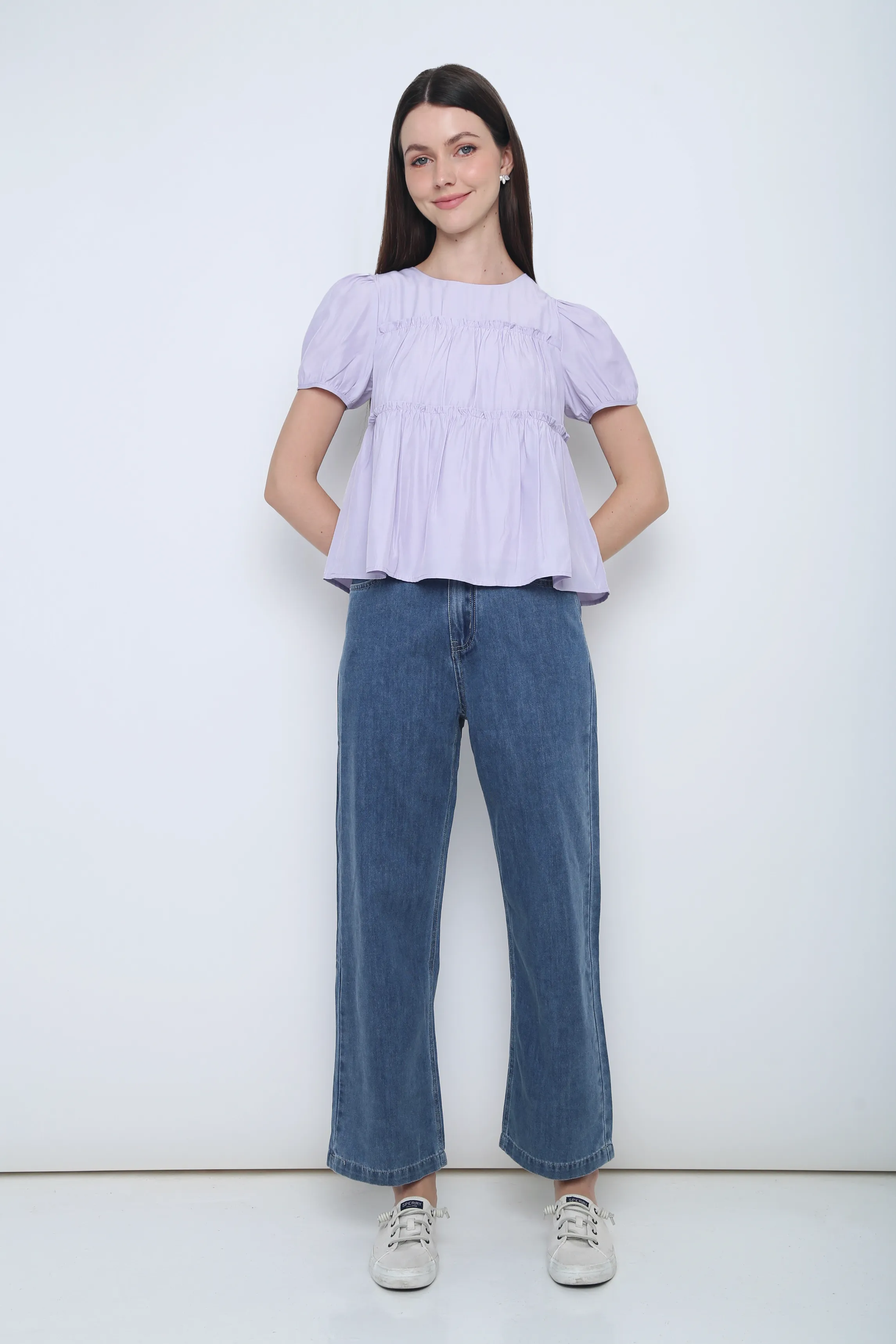 Ventilated Panel Design Iva Ruffles Tier Blouse Periwinkle